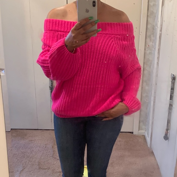 Off The Shoulder Sweater- NEON FUSHIA - Picture 3 of 4